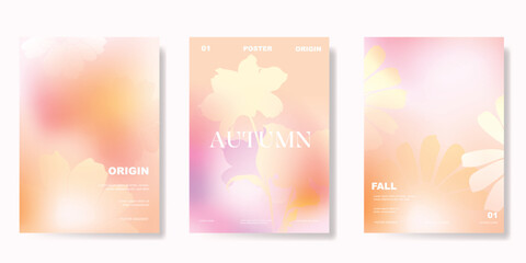 Abstract blur gradient autumn card background set. Minimalist poster with flower, stalk. Modern fall season wallpaper design for home decoration, website, banner, ads.  © babeer