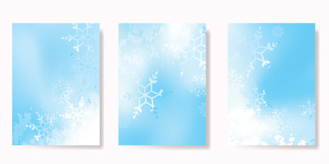 Abstract blur gradient winter card background set. Minimalist poster with snowflake watercolor texture. Modern fall season wallpaper design for cover, print, Christmas and New Year ads.