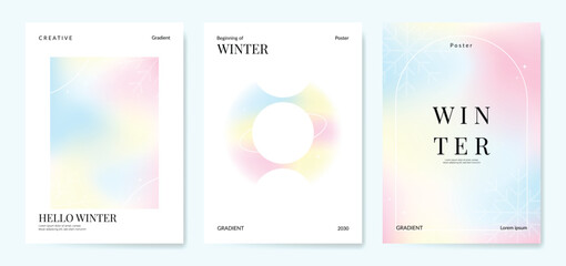 Abstract blur gradient winter card background set. Minimalist poster with snowflake, saturn, sparkle, frame. Modern fall season wallpaper design for cover, print, Christmas and New Year ads. © babeer