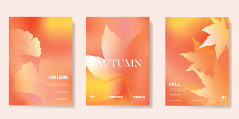 Abstract blur gradient autumn card background set. Minimalist poster with ginkgo and maple leaf. Modern fall season wallpaper design for home decoration, website, banner, ads. 