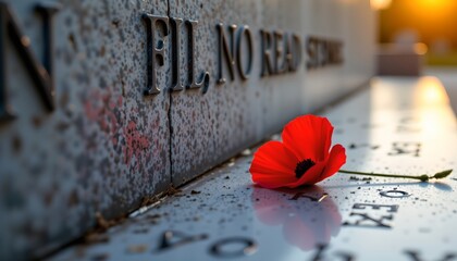 A close up of a poppy resting on the surface of what appears to be an engraved plaque, possibly at a memorial or monument