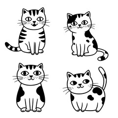 Four cartoon cats with unique black-and-white fur patterns, sitting upright and facing forward—perfect for playful, pet-themed designs.