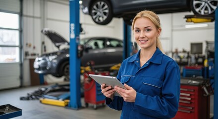 Female Mechanic Using Tablet in Modern Auto Repair Shop with Vehicles and Equipment in Background