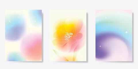 Fototapeta na wymiar Abstract blur gradient autumn card background set. Minimalist poster with flower, sparkle. Modern fall season wallpaper design for home decoration, website, banner, ads. 