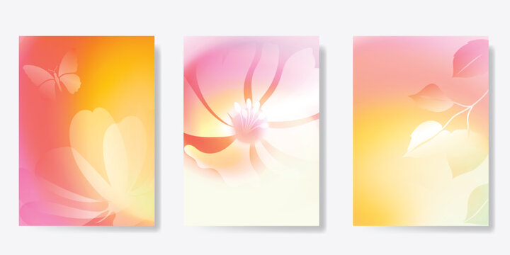 Abstract blur gradient autumn card background set. Minimalist poster with flower, leaves, butterfly. Modern fall season wallpaper design for home decoration, website, banner, ads. 