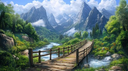 Fototapeta premium Scenic Mountain Valley with Wooden Bridge