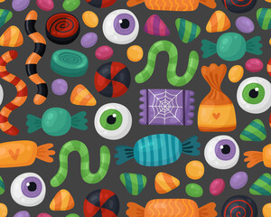 Seamless pattent for Halloween. Different candies, lollipops, caramel, gummy worms, gummy eyeballs on a black background. Trick or treat, Halloween treats, many sweets.