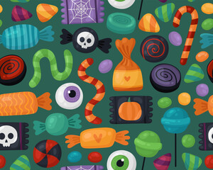 Seamless pattent for Halloween. Different candies, lollipops, caramel, gummy worms, gummy eyeballs on a green background. Trick or treat, Halloween treats, many sweets.