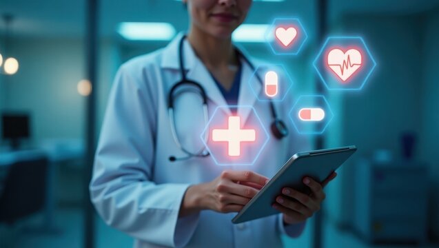 Doctor with tablet and glowing floating icons of stethoscope, heart, and pill, symbolizing healthcare, telemedicine, and modern digital medical services.