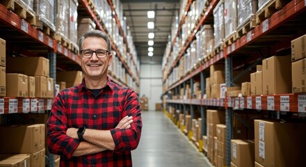 Happy Warehouse Manager Standing Confidently Amongst Organized Boxes in Modern Distribution Center