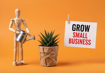 Grow small business concept wooden figure watering plant business growth and development strategy