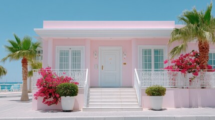 Fototapeta premium Pastel Pink Beach House Exterior with Palm Trees under Azure Sky Tropical Coastal Living