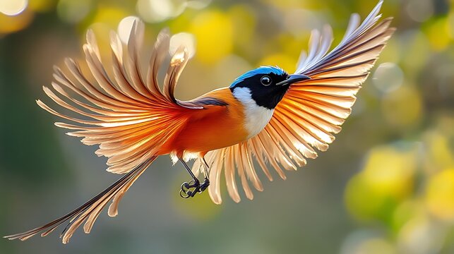 A stunning rufous fantail bird in mid flight showcasing its beautiful plumage and outstretched wings