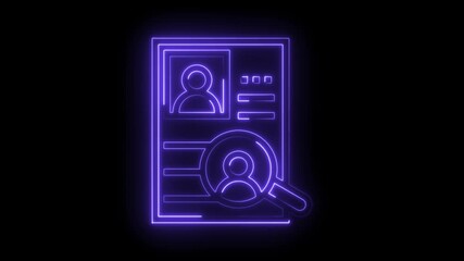 Neon job application or resume review with magnifying glass animation on black background