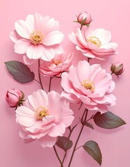 Delicate pink blossoms, buds, and leaves