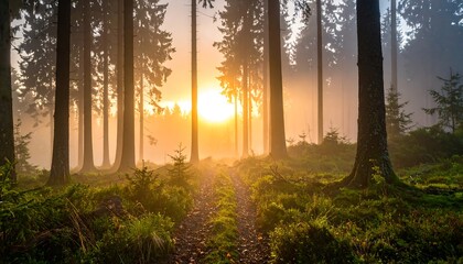 Sunrise path through a misty forest