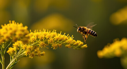 Honeybee flying among yellow flowers