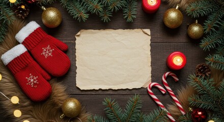 Festive Christmas Arrangement with Red Mittens, Candles, Ornaments, Pine Branches and Blank Paper on Rustic Wooden Background