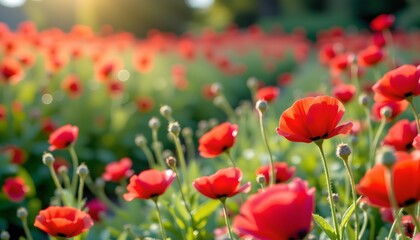 Obraz premium A vibrant field of red poppies in full bloom against a clear sky during what appears to be late afternoon or early evening, with sunlight creating soft shadows on the plants.