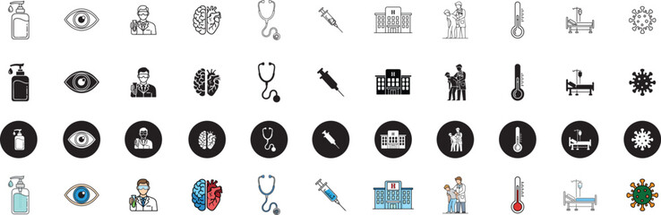 Comprehensive medical icon set for healthcare projects offering engaging visuals of hospital, doctor, virus, and essential medical elements in modern design
