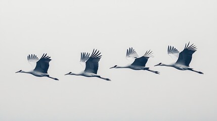 Four cranes gracefully soaring through the sky with their wings spread wide against a light background