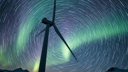 Stunning wind turbine night landscape featuring mesmerizing circular star trails and the glowing northern lights - Powered by Adobe