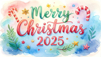 Colorful Merry Christmas 2025 illustration with candy canes and festive stars for holiday joy and celebration.