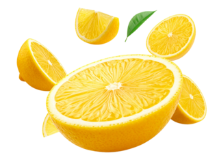 Fresh juicy lemon slices isolated, vibrant citrus, perfect for food, drink, or healthy lifestyle concepts on white background.