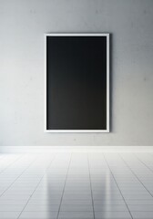 Minimalist Interior Setting with Blank Black Frame on Concrete Wall and Glossy Floor in Modern Design Aesthetic