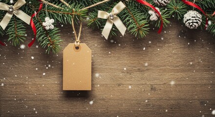 Festive Christmas Decoration with Snow, Pine Branches, Ribbons, and Blank Tag on Wooden Background for Holiday Use