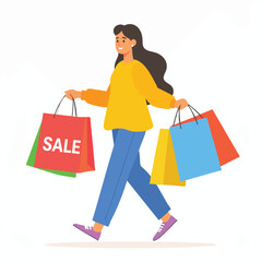 Happy woman walking with colorful shopping bags after a successful sale.