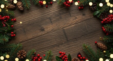 Festive Christmas Frame with Holly, Pine Cones, Berries, and Soft Glowing Lights on Rustic Wooden Background
