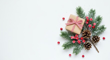 Festive Christmas Gift with Red Berries, Pinecones, and Evergreen Sprigs on a Light Background