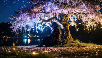 Samurai under Wisteria Tree at Night with Peaceful Serenity.