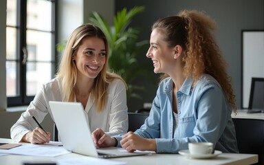 Back view of two smiling business woman working together on contract documents sitting at desk with laptop in modern office room. Happy female coworkers meeting for new project planning in boardroom.