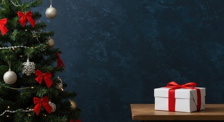 Festive Christmas Tree Decorated with Red Ribbons and Ornaments Next to a Gift Box on a Wooden Table
