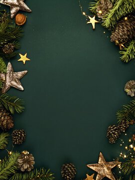 A textured christmas background with a dark green background and decorations for the holidays, with space for text. Festive dark background for Christmas, vertical banner, copy space