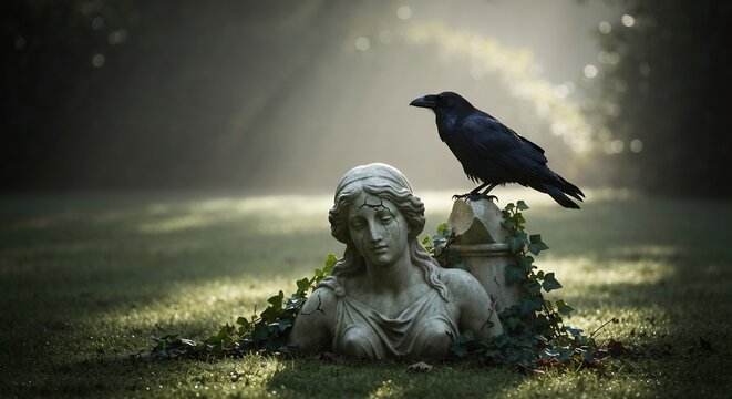 Raven perches on a cracked statue draped in ivy in a misty garden setting