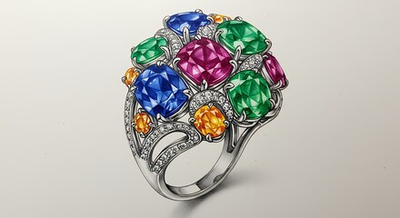 Jewelry design drawing multicolored gemstone ring