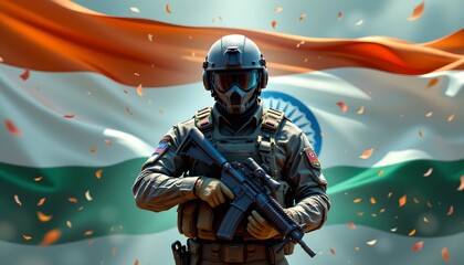 Fototapeta premium A person in military gear standing against a backdrop that resembles an Indian flag, adorned with orange petals