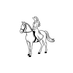 Black and white line art of a beautiful woman with perfect body riding horse elegant minimalist illustration