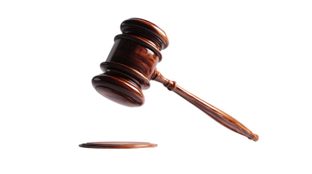 Wooden judge gavel and sound block isolated on transparent background.