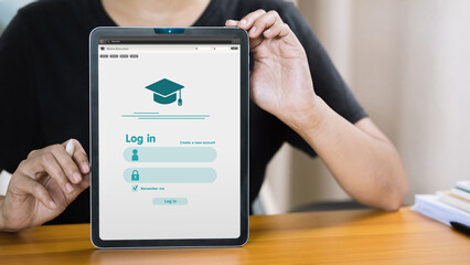 Man Holding Tablet with Online Education Login Screen for E-Learning Platform and Digital Study