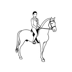 Black and white line art of a beautiful woman with perfect body riding horse elegant minimalist illustration