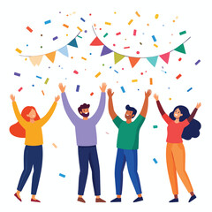 Obraz premium Four diverse people celebrate with arms raised under colorful confetti and bunting.