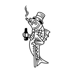 dapper fish character with top hat and cane