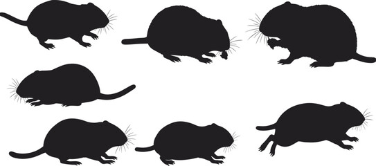 Gopher silhouettes vector set, burrowing rodent animals in different poses, black outline design, wildlife illustration, nature mammal graphic isolated shapes