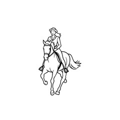 Black and white line art of a beautiful woman with perfect body riding horse elegant minimalist illustration