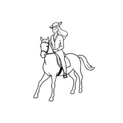 Black and white line art of a beautiful woman with perfect body riding horse elegant minimalist illustration