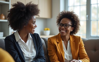 Portrait of two black businesswomen sitting on couch and having relaxed conversation, senior woman with glasses listening and smiling. High quality